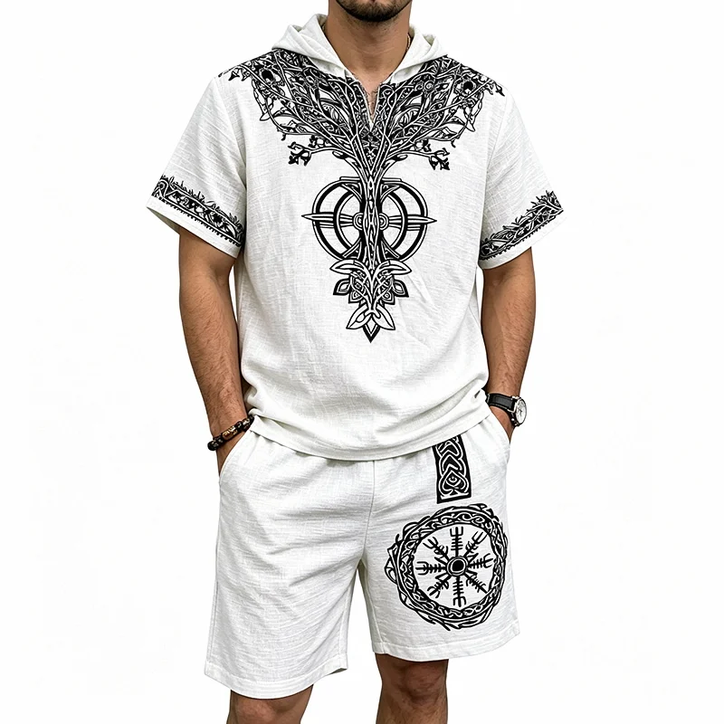 Men's Viking Tree of Life Hoodie Shorts Set - Linen Blend