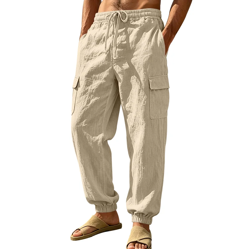 Men's Linen Cargo Pants Loose Fit Outdoor Casual Trousers