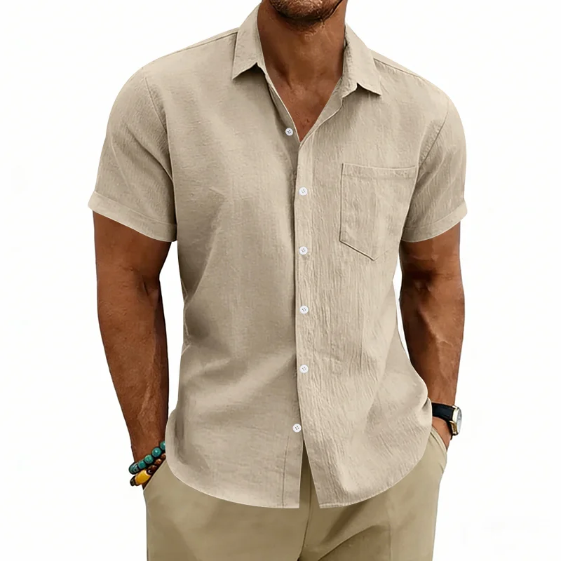 Men's Hawaiian Linen Henley Shirt - Breathable Casual Short Sleeve