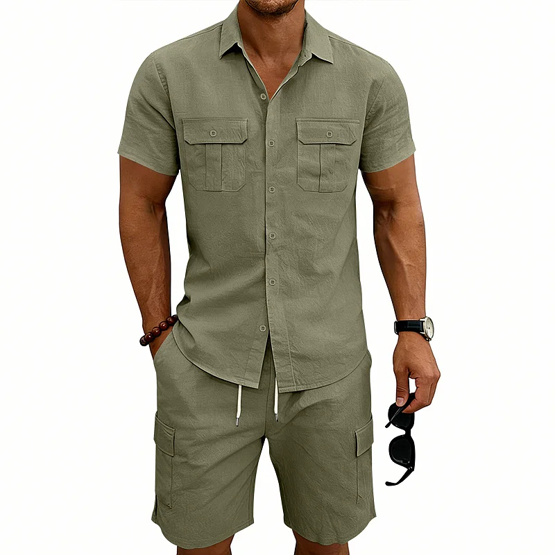 Men's Linen Blend Short Sleeve Shirt & Shorts Set Casual wholesale view 5