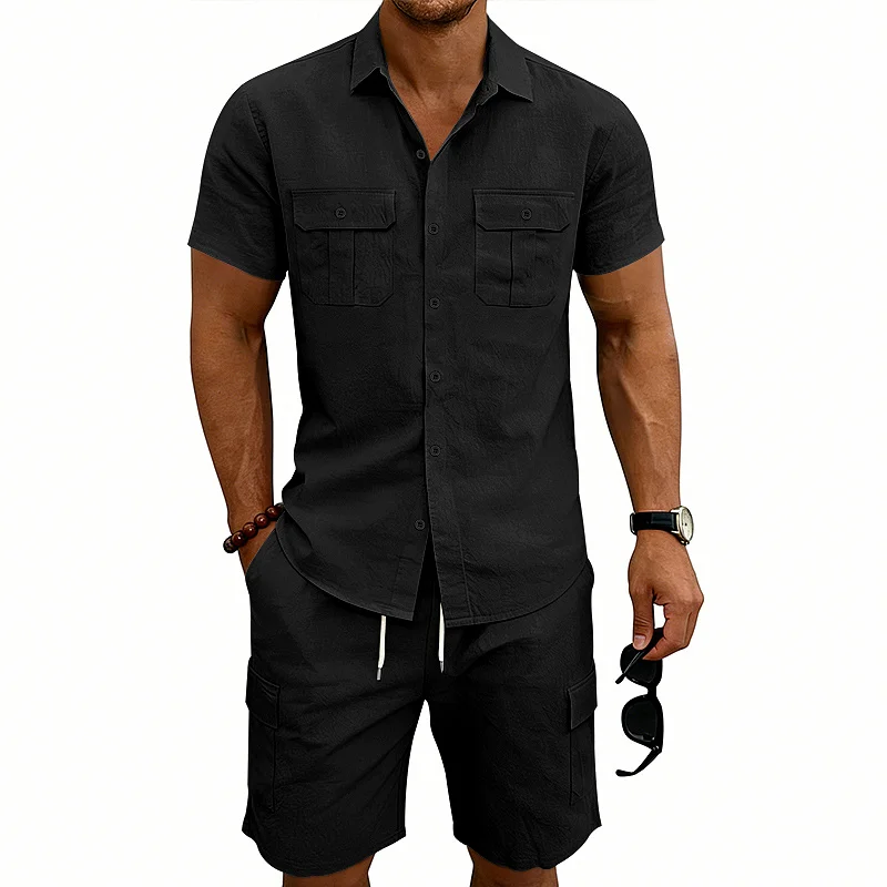 Men's Linen Blend Short Sleeve Shirt & Shorts Set Casual wholesale view 3