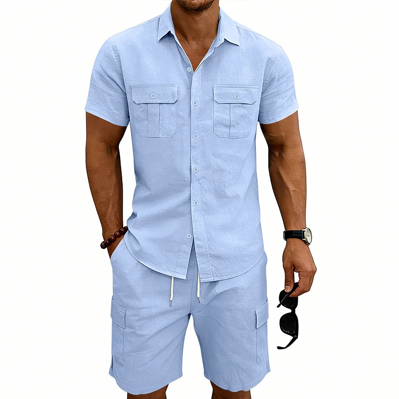 Men's Linen Blend Short Sleeve Shirt & Shorts Set Casual wholesale view 4
