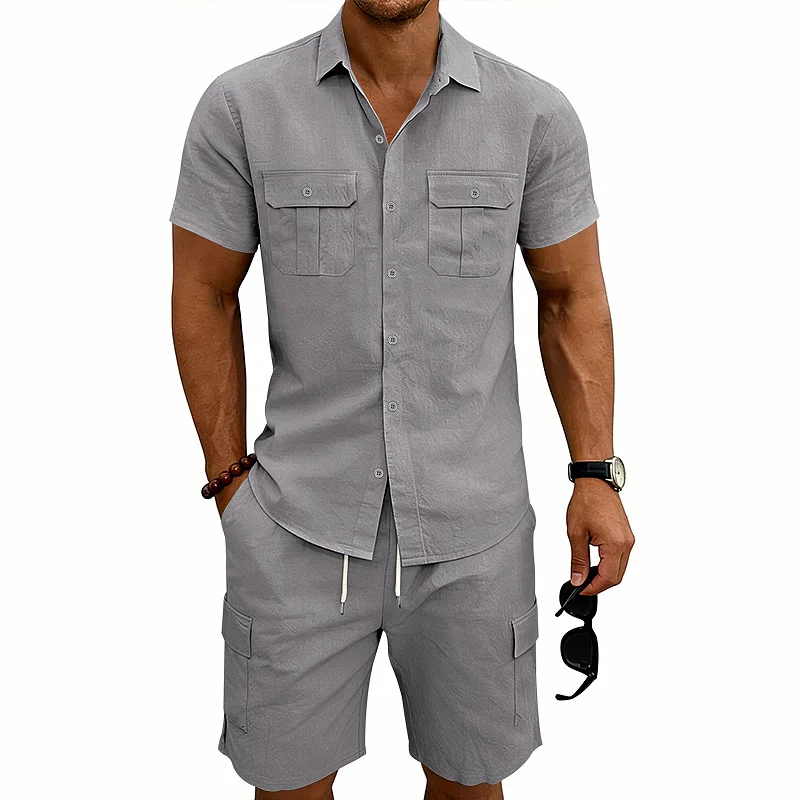 Men's Linen Blend Short Sleeve Shirt & Shorts Set Casual wholesale view 6