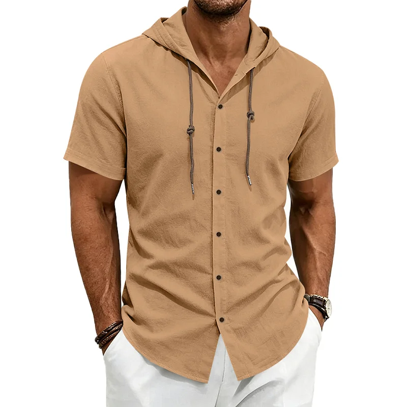 Men's Linen Blend Hoodie Shirt - Loose Fit, Breathable Short Sleeve wholesale view 6