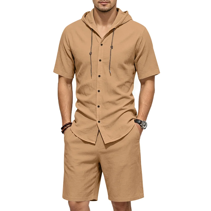 Men's Linen Blend Hooded Shirt & Shorts Set - Casual Summer Loungewear wholesale view 6