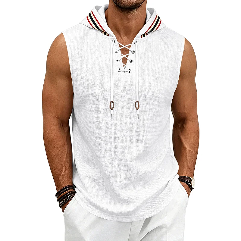 Men's Hooded Waffle Knit Vest - Loose Fit Drawstring Sleeveless Top wholesale front view
