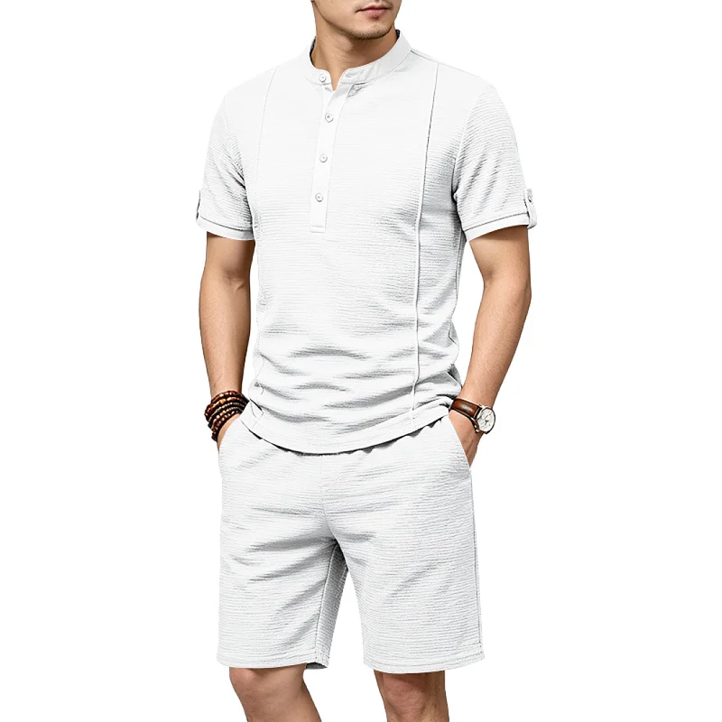 Men's Retro Textured Henley Set - Summer Casual Resort Wear wholesale view 2