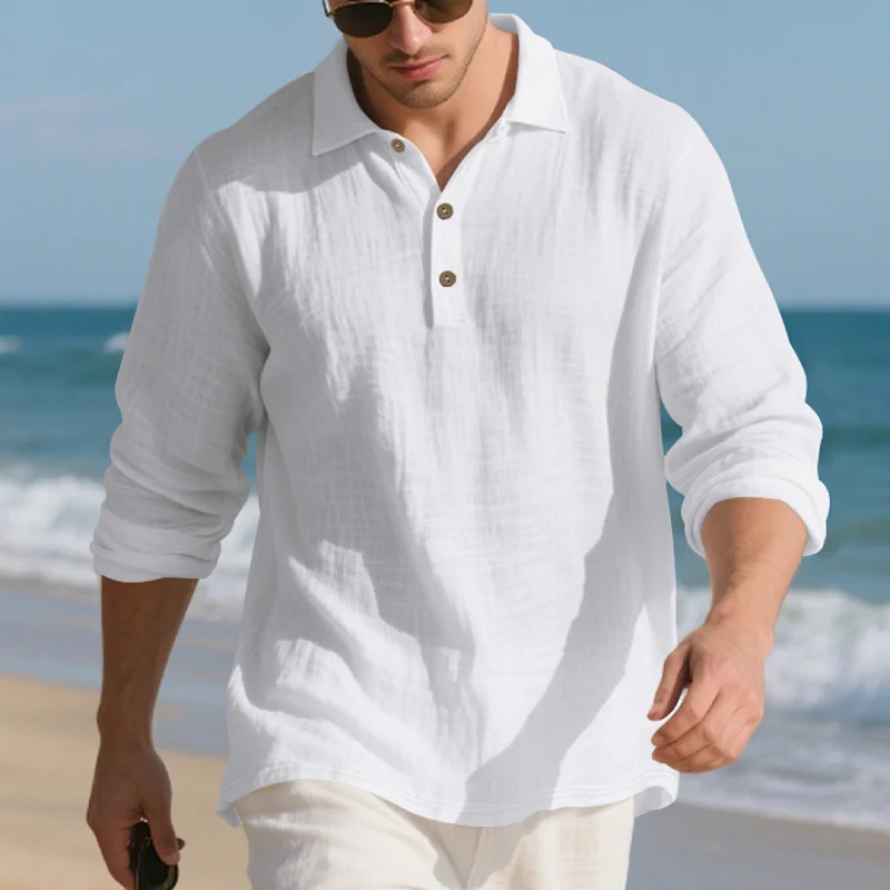 Men's Linen Blend Long Sleeve Polo Shirt - Casual Business Style wholesale front view
