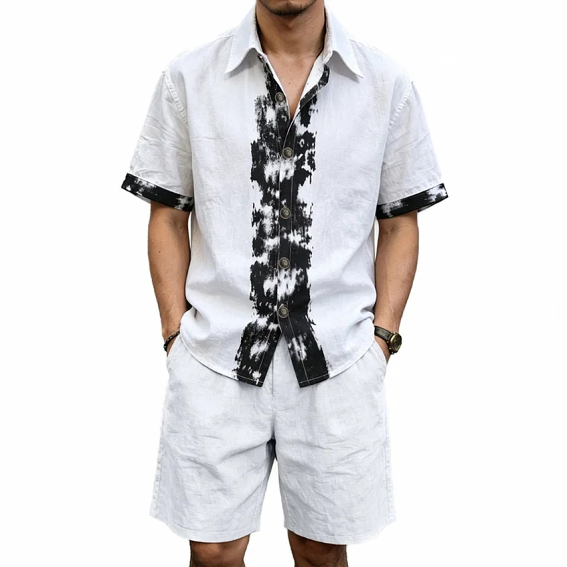 Men's Linen Graffiti Print Shirt & Shorts Set - Loose Fit, Summer wholesale front view