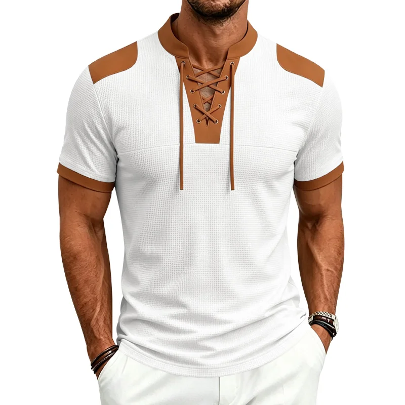 Men's Waffle Knit Henley Shirt, Loose Fit, Drawstring, Summer wholesale front view