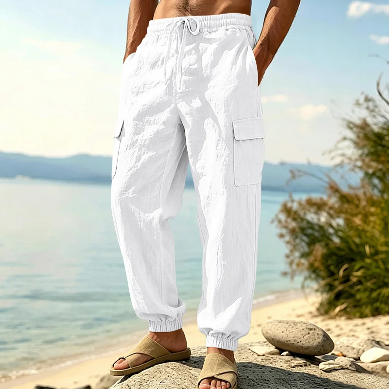 Men's Linen Cargo Pants - Loose Fit, Breathable Casual Trousers wholesale front view