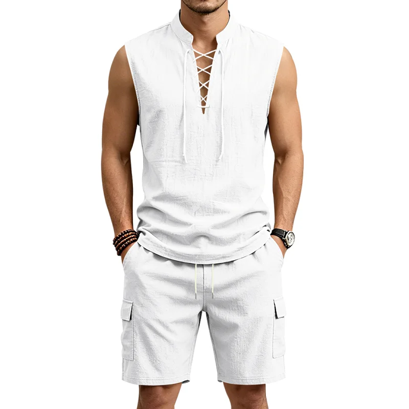 Men's Linen Blend Casual Shorts Set - Breathable Loose Fit wholesale front view