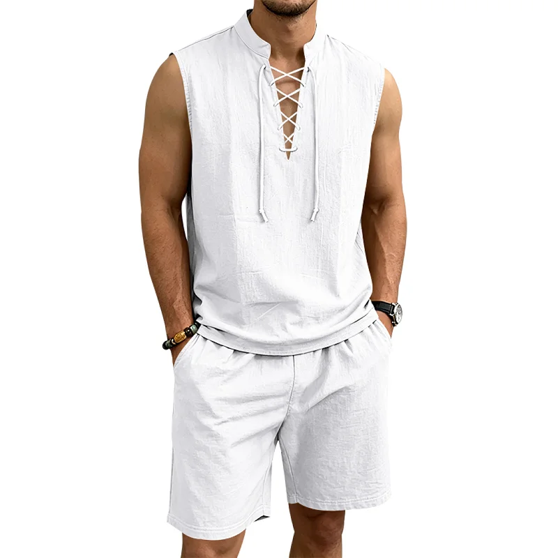 Men's Linen Blend Drawstring Sleeveless Retro Resort Set wholesale front view