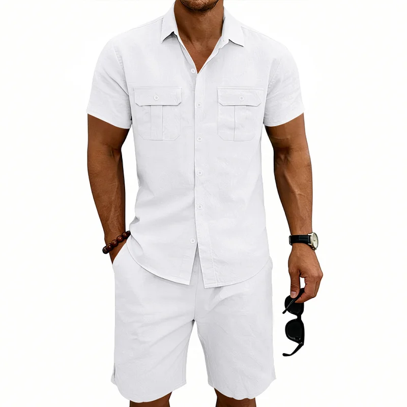 Men's Linen Blend Loose Fit Short Sleeve Shirt & Shorts Set wholesale front view