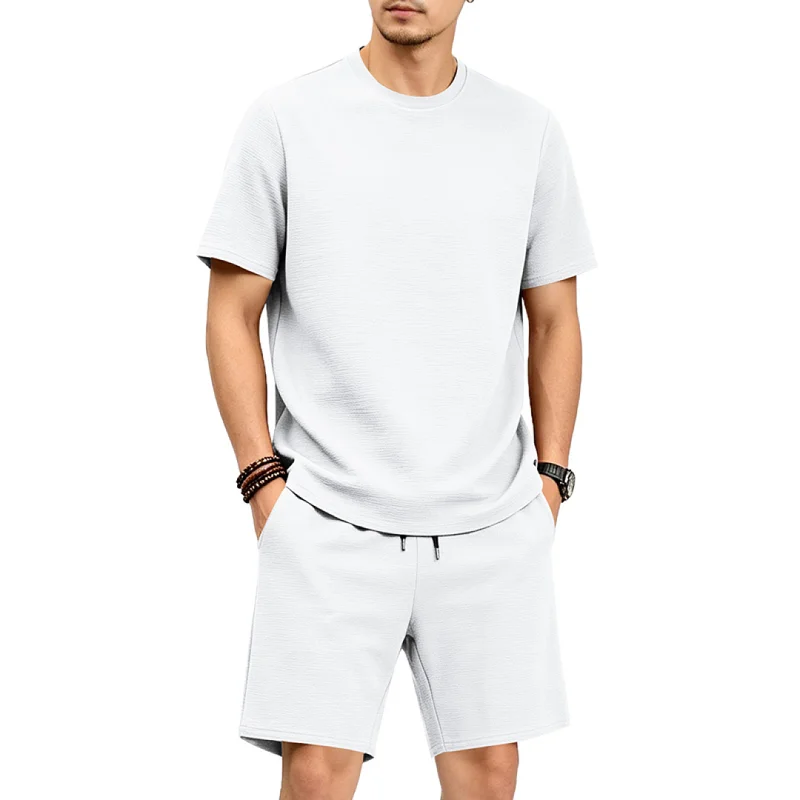 Men's Summer Textured Tracksuit - Loose Fit Polyester Shorts Set wholesale view 2