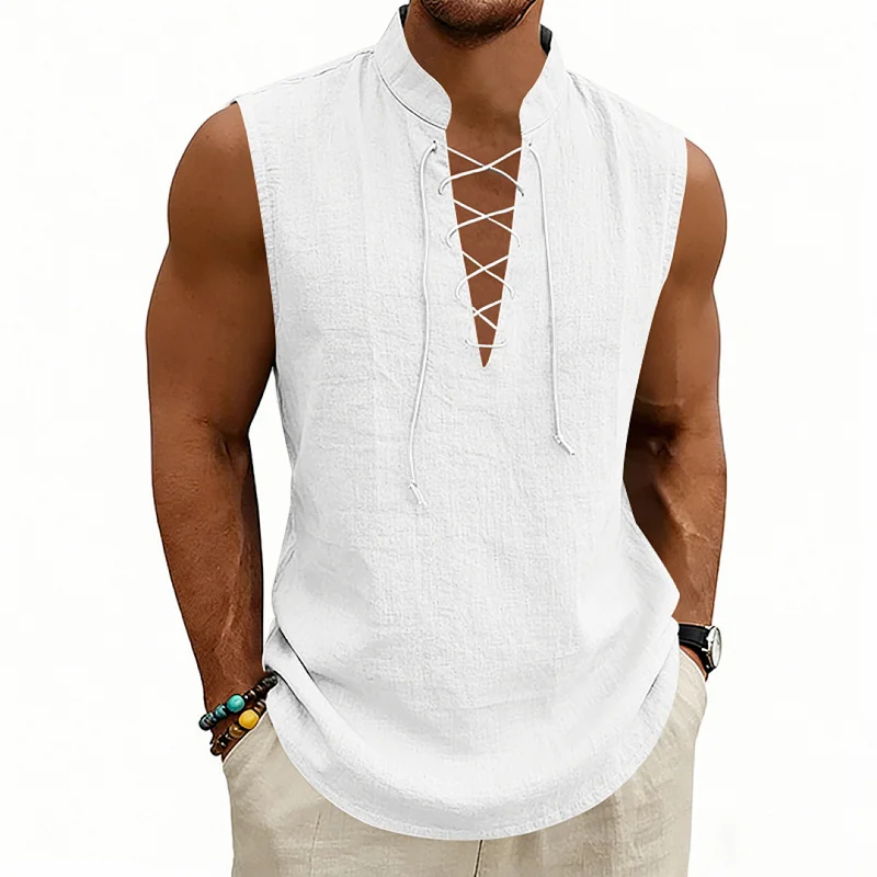 Men's Linen Viking Drawstring Vest - Breathable Sleeveless Top wholesale front view