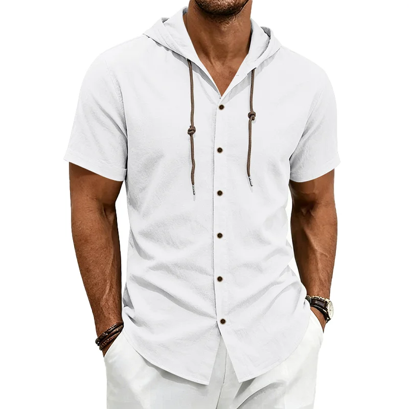 Men's Linen Blend Hoodie Shirt - Loose Fit, Breathable Short Sleeve wholesale front view
