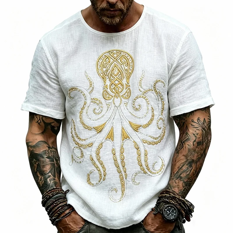 Men's Casual Gold Print Short Sleeve Shirt - Loose Fit, Polyester wholesale front view