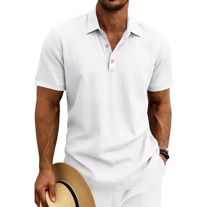 Men's Linen Blend Casual Polo Shirt - Breathable Short Sleeve wholesale front view