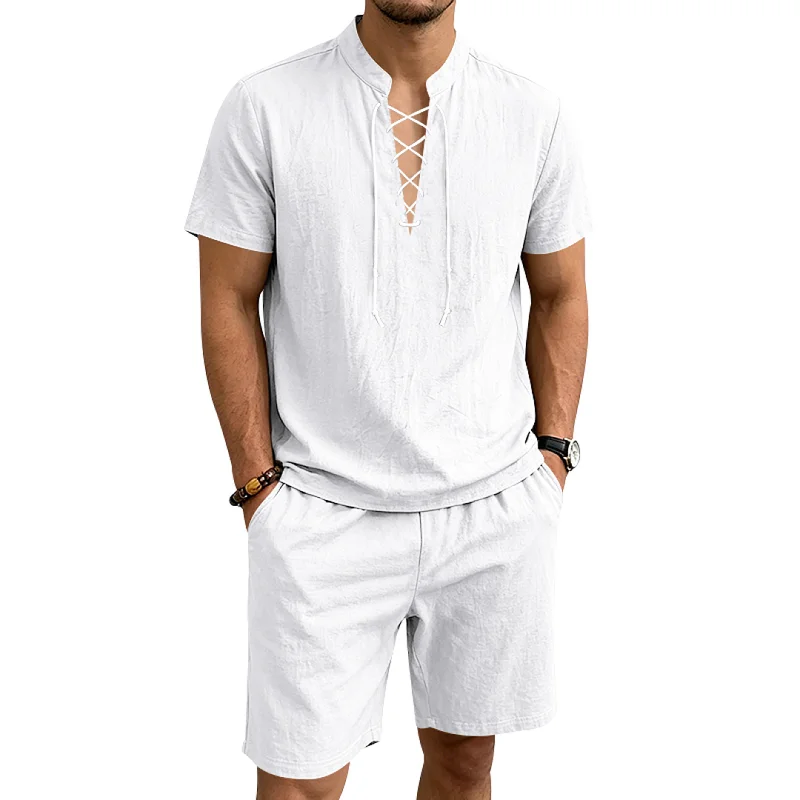 Men's Linen Blend Casual Set - Loose Fit Drawstring Collar Summer Outfit wholesale front view