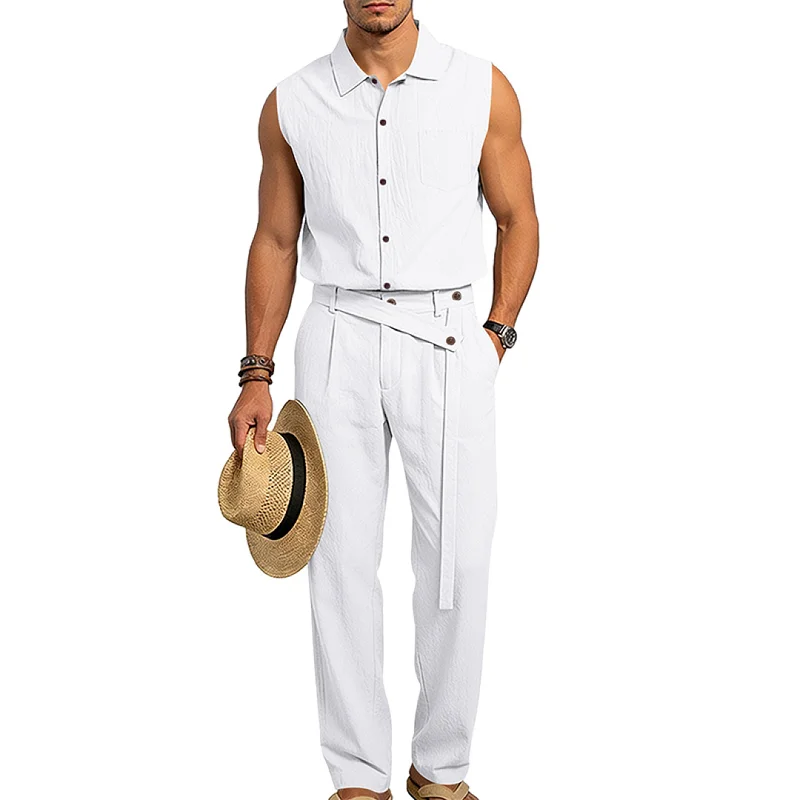 Men's Linen Blend Sleeveless Shirt & Pants Set - Summer Casual wholesale front view