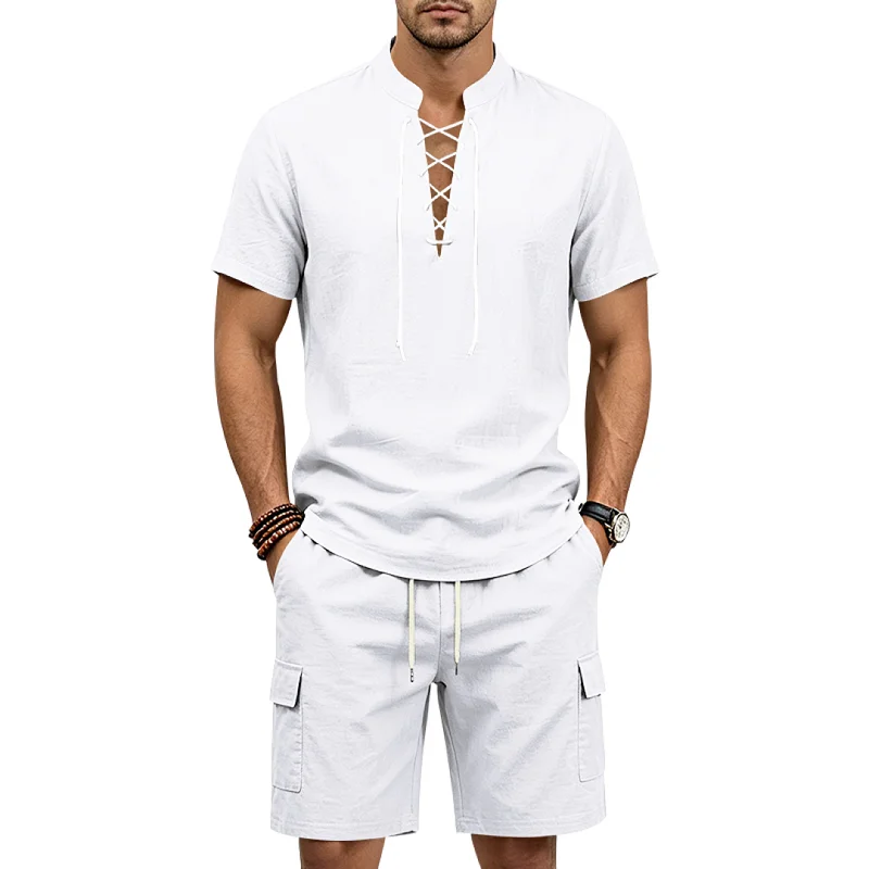 Men's Linen Blend Casual Shorts Set, Breathable Loose Fit wholesale front view