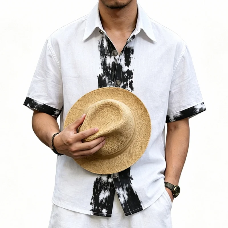 Men's Linen Blend Splatter Paint Loose Fit Hawaiian Shirt wholesale front view