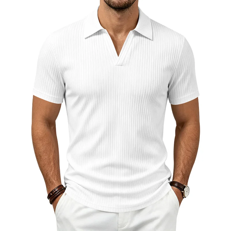 Men's V-Neck Polo Shirt - Stretch Breathable Quick Dry Ribbed Knit wholesale front view