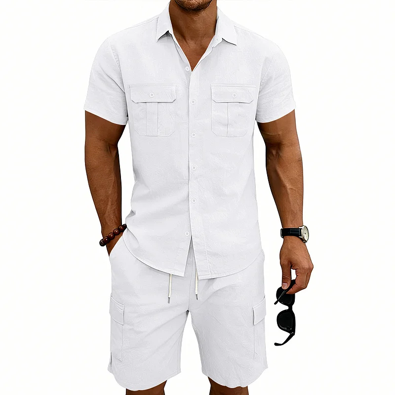 Men's Linen Blend Short Sleeve Shirt & Shorts Set Casual wholesale front view