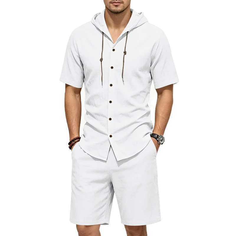 Men's Linen Blend Hooded Shirt & Shorts Set - Casual Summer Loungewear wholesale front view