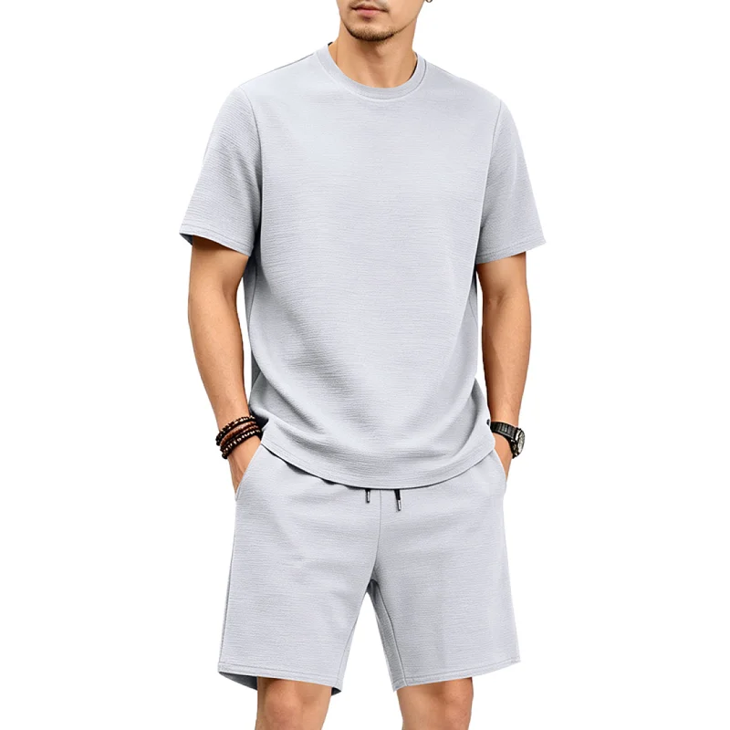 Men's Summer Textured Tracksuit - Loose Fit Polyester Shorts Set wholesale view 4
