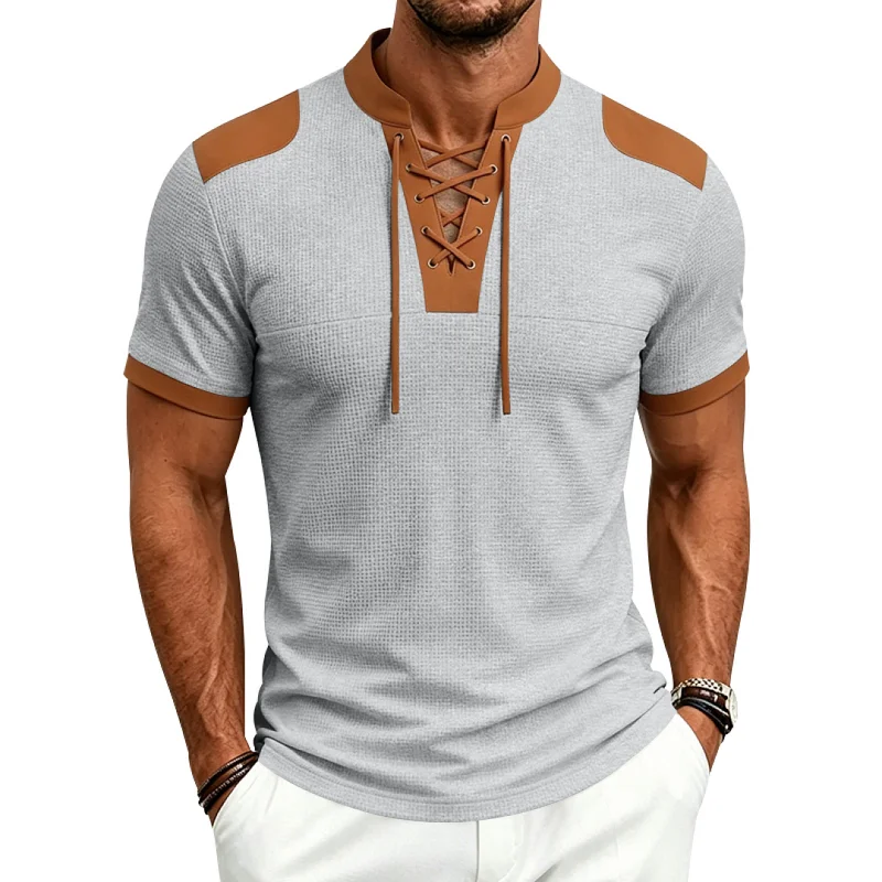 Men's Waffle Knit Henley Shirt, Loose Fit, Drawstring, Summer wholesale view 4