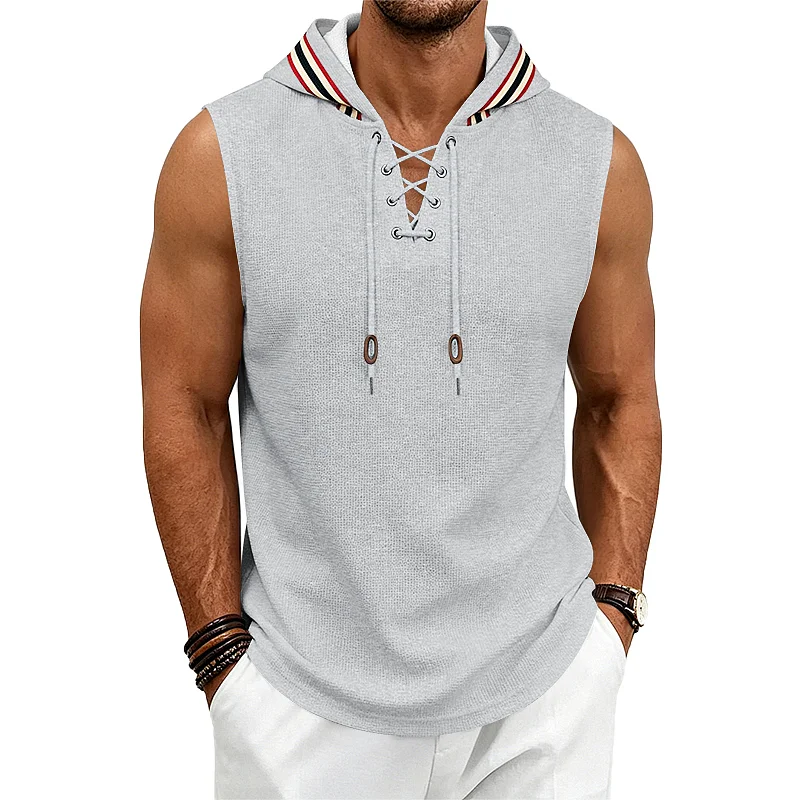 Men's Hooded Waffle Knit Vest - Loose Fit Drawstring Sleeveless Top wholesale view 4