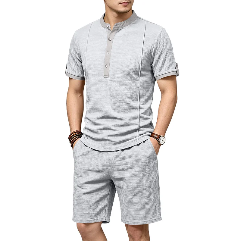 Men's Retro Textured Henley Set - Summer Casual Resort Wear wholesale view 4