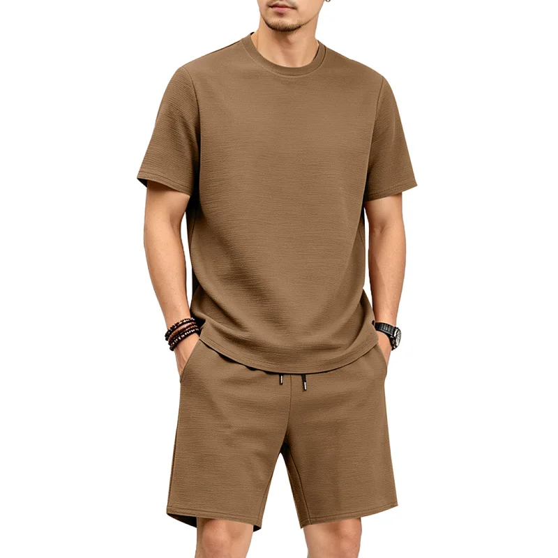 Men's Summer Textured Tracksuit - Loose Fit Polyester Shorts Set wholesale front view