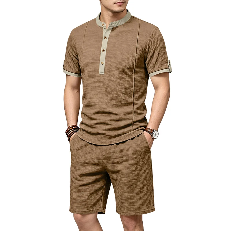Men's Retro Textured Henley Set - Summer Casual Resort Wear wholesale front view