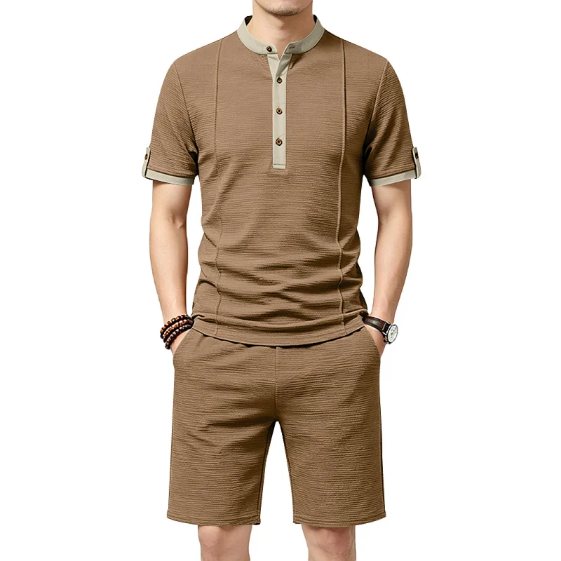 Men's Retro Textured Henley Set - Summer Casual Resort Wear wholesale view 5