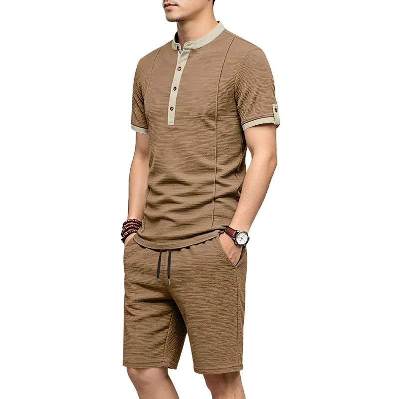 Men's Retro Textured Henley Set - Summer Casual Resort Wear wholesale view 6