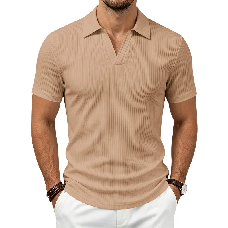 Men's V-Neck Polo Shirt - Stretch Breathable Quick Dry Ribbed Knit wholesale view 4