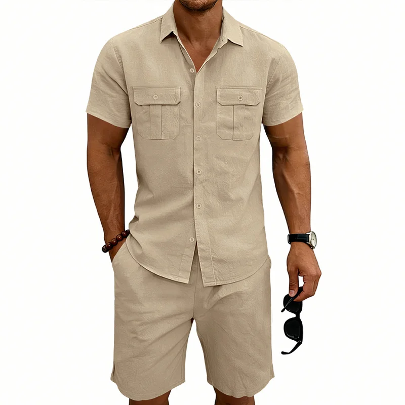 Men's Linen Blend Loose Fit Short Sleeve Shirt & Shorts Set wholesale view 2