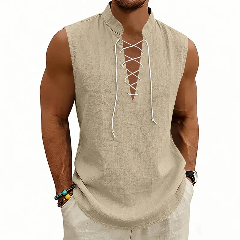 Men's Linen Viking Drawstring Vest - Breathable Sleeveless Top wholesale view 4