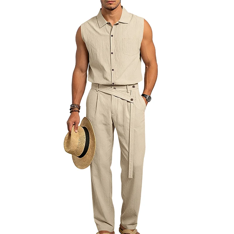 Men's Linen Blend Sleeveless Shirt & Pants Set - Summer Casual wholesale view 2