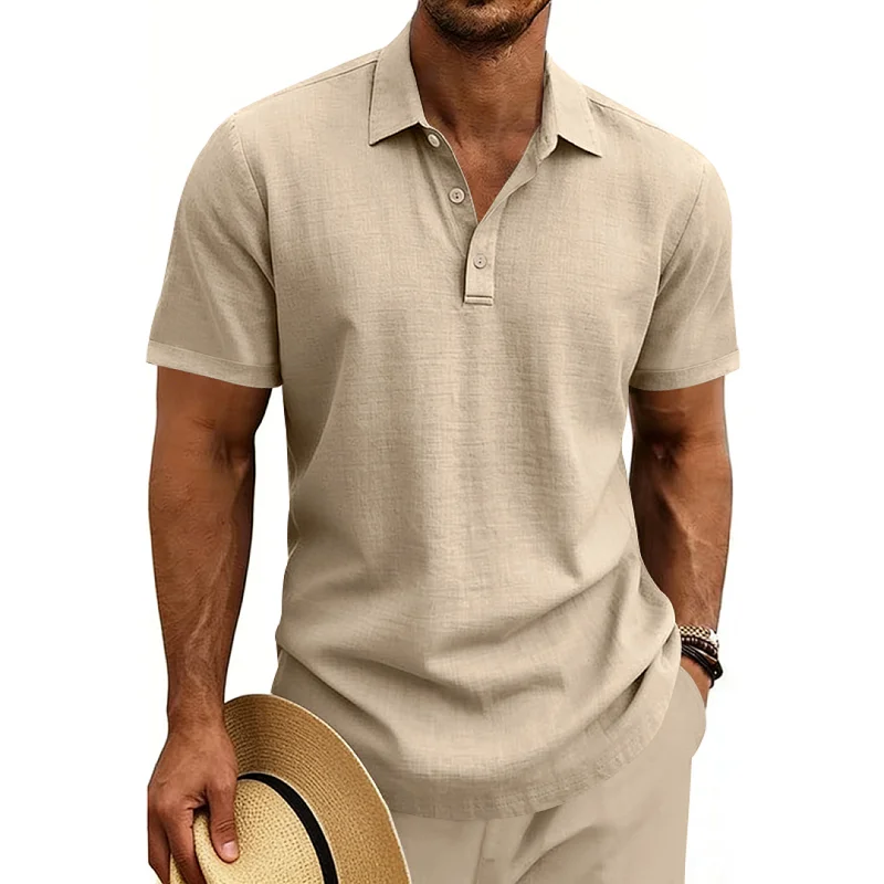 Men's Linen Blend Casual Polo Shirt - Breathable Short Sleeve wholesale view 3