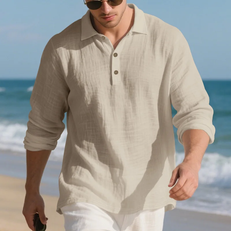 Men's Linen Blend Long Sleeve Polo Shirt - Casual Business Style wholesale view 3