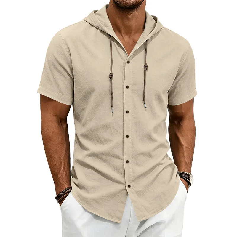 Men's Linen Blend Hoodie Shirt - Loose Fit, Breathable Short Sleeve wholesale view 2