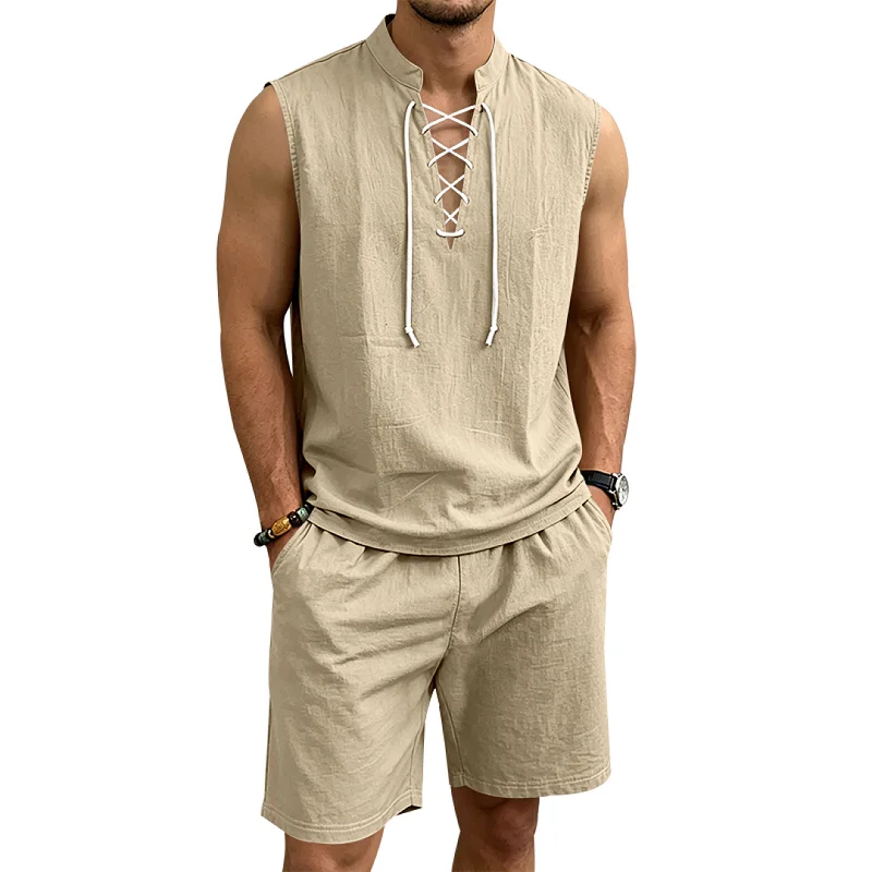 Men's Linen Blend Drawstring Sleeveless Retro Resort Set wholesale view 2