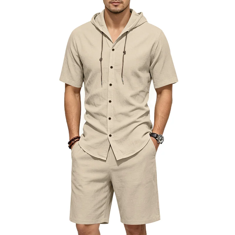 Men's Linen Blend Hooded Shirt & Shorts Set - Casual Summer Loungewear wholesale view 2