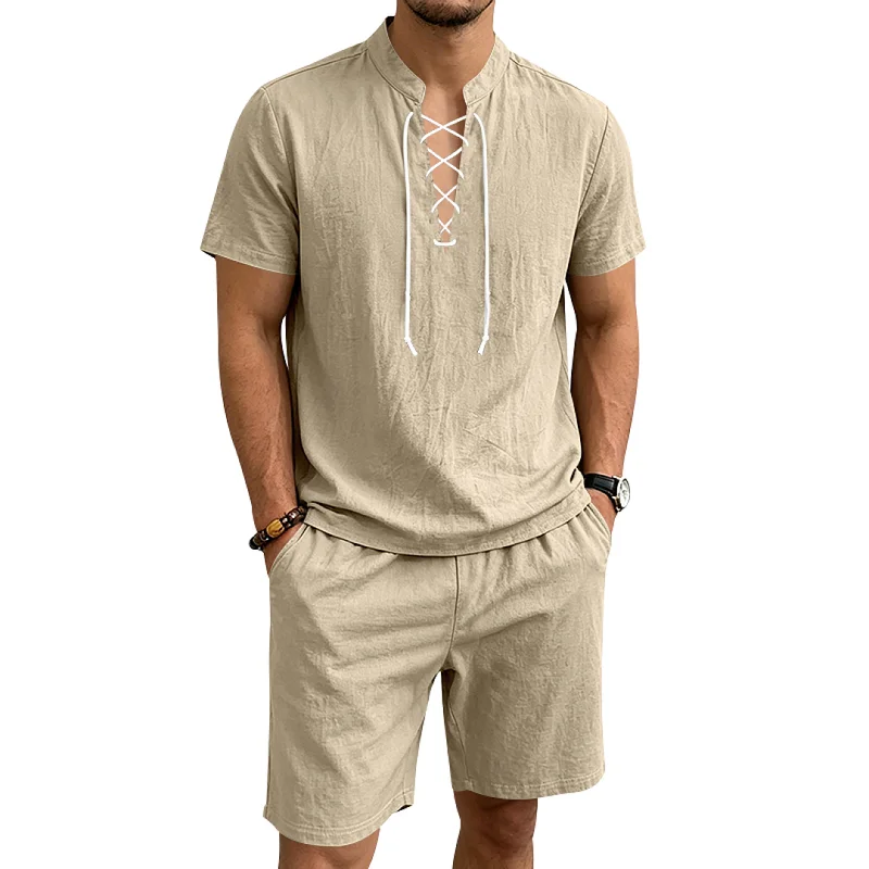 Men's Linen Blend Casual Set - Loose Fit Drawstring Collar Summer Outfit wholesale view 2