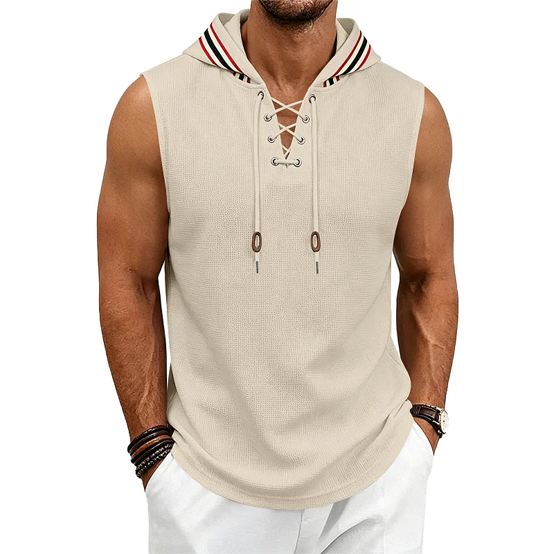 Men's Hooded Waffle Knit Vest - Loose Fit Drawstring Sleeveless Top wholesale view 2
