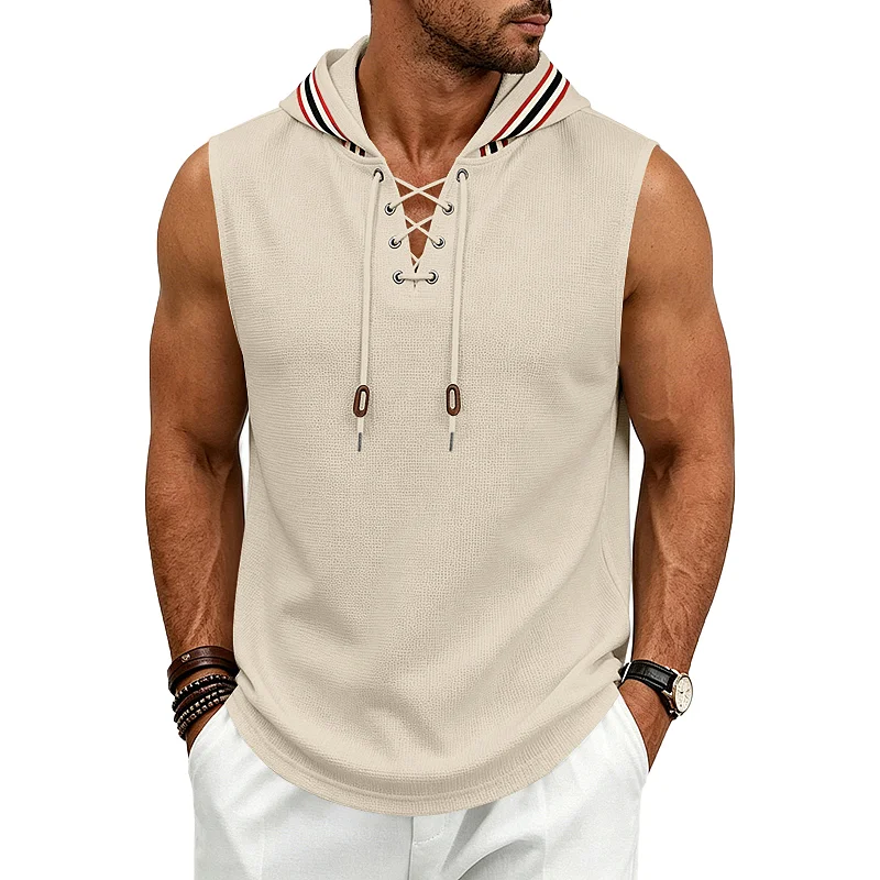 Men's Hooded Waffle Knit Vest - Loose Fit Drawstring Sleeveless Top wholesale view 6